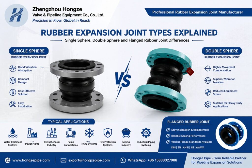 Hongze Pipe rubber expansion joint types comparison showing single sphere and double sphere rubber expansion joints
