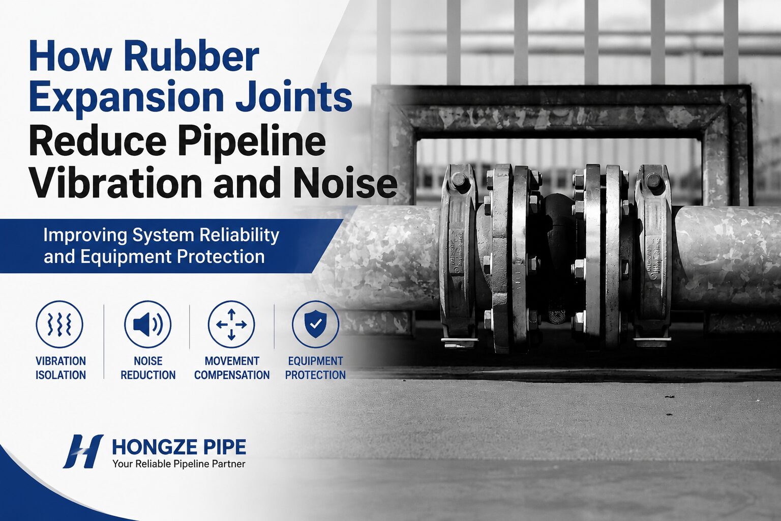 Rubber expansion joint reducing pipeline vibration and noise in industrial piping system